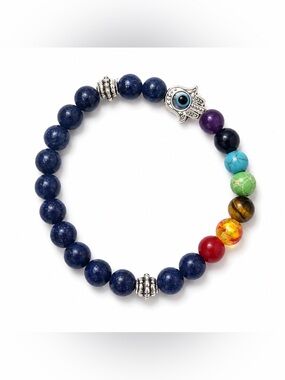 🪬Multicolor Chakra Bead Bracelet with Lapis and Hamsa Charm #44